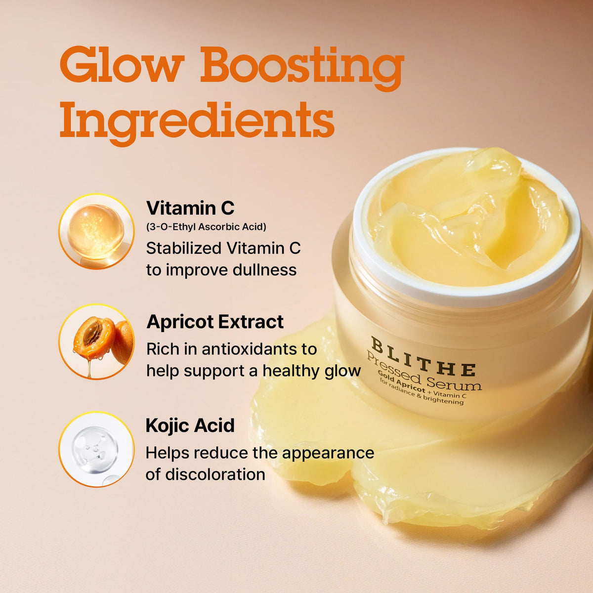 BLITHE Pressed Serum Gold Apricot | Glow Serum for Face | Glass Skin Korean Skincare & Face Moisturizer for Dry Skin, 1.68 fl oz