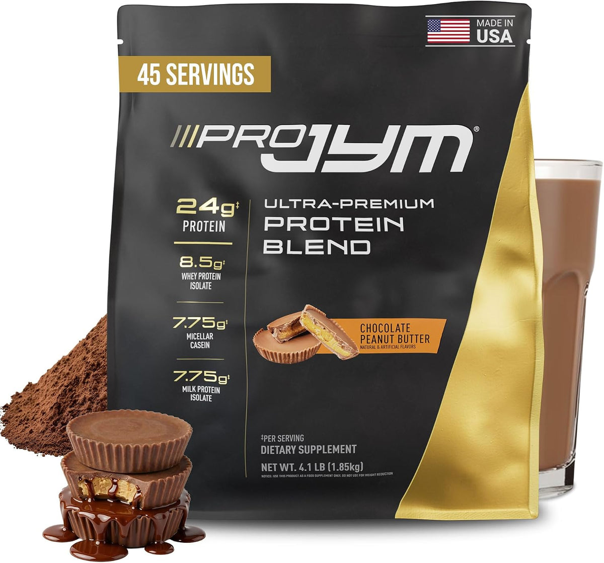 Pro JYM Chocolate Peanut Butter Protein Powder - Whey Protein Isolates, Casein, & Milk Protein, Lean Muscle Building for Men & Women, JYM Supplement Science, 45 Servings