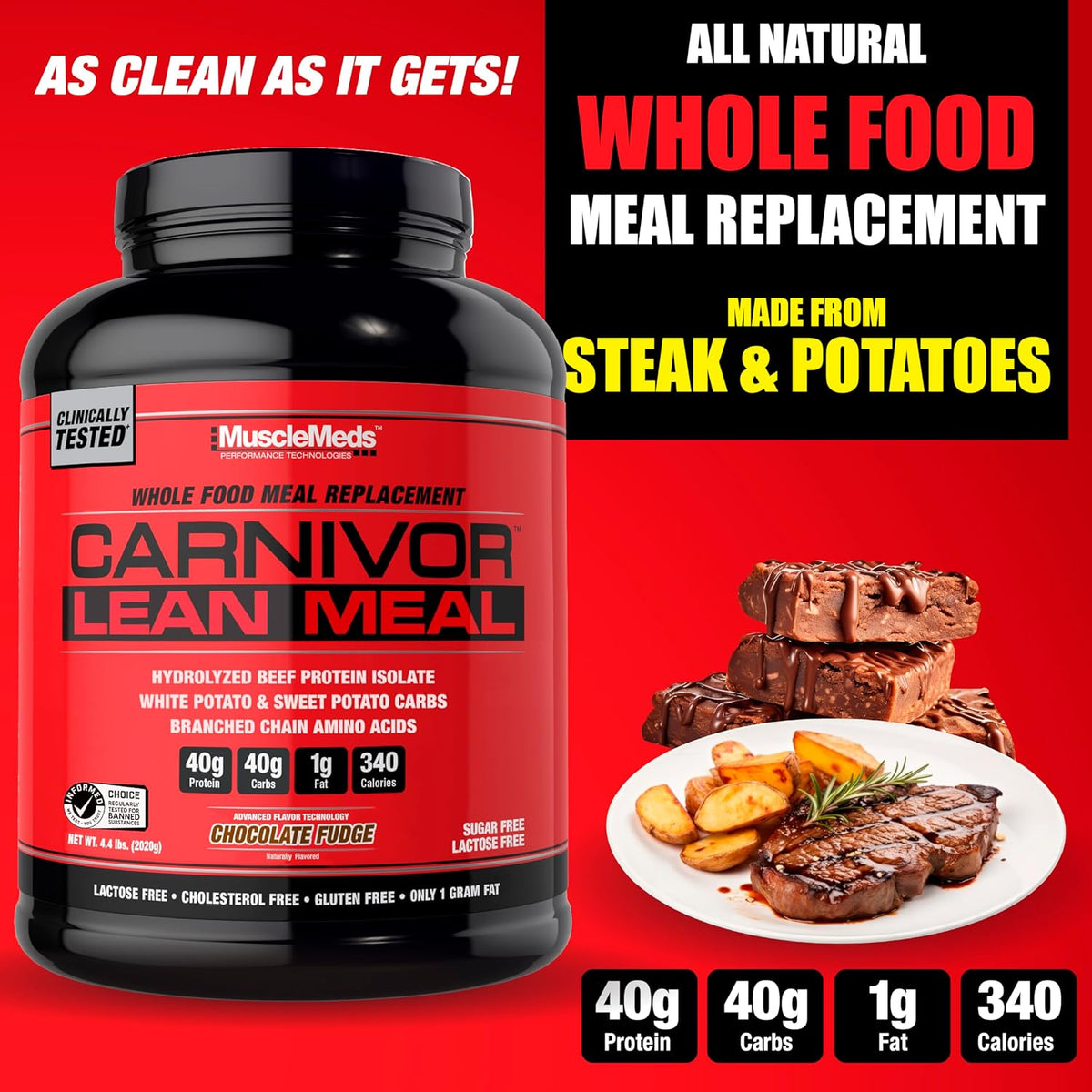 MuscleMeds CARNIVOR Lean Meal Whole Food Meal Replacement Shake, MRE, Beef Protein Isolate, White Potato, Sweet Potato, 40g Protein, 40 g Carbs, Lactose Free, Sugar Free, Chocolate Fudge 20 Servings