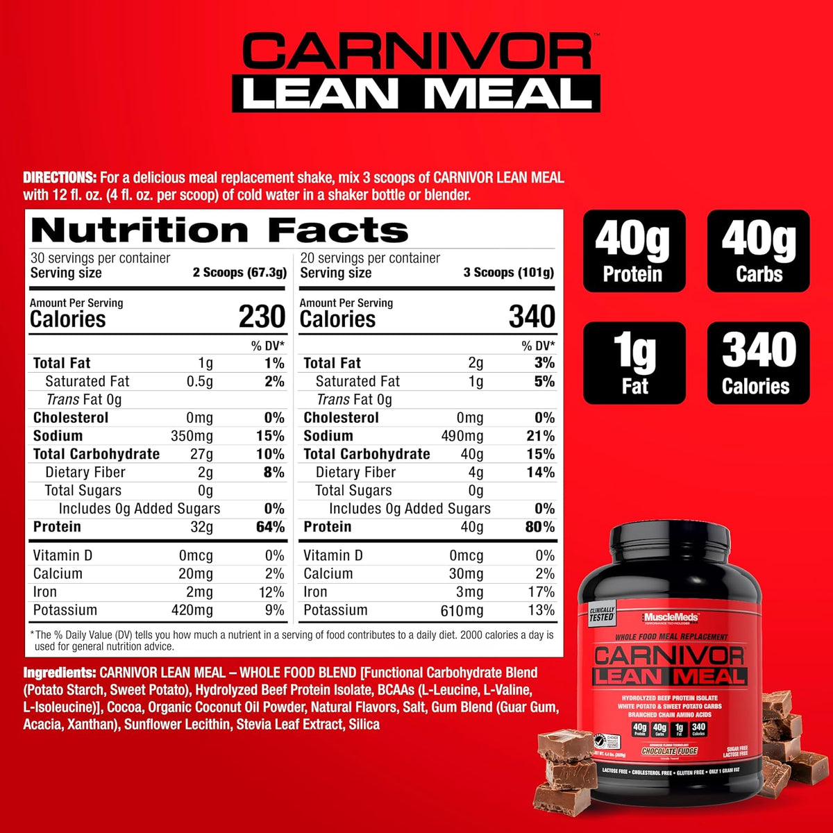 MuscleMeds CARNIVOR Lean Meal Whole Food Meal Replacement Shake, MRE, Beef Protein Isolate, White Potato, Sweet Potato, 40g Protein, 40 g Carbs, Lactose Free, Sugar Free, Chocolate Fudge 20 Servings