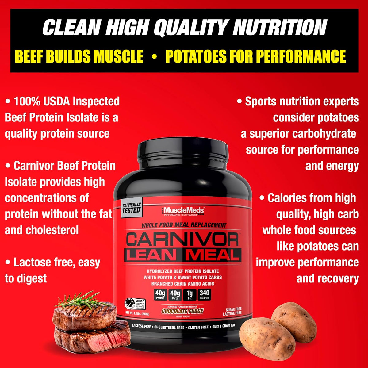 MuscleMeds CARNIVOR Lean Meal Whole Food Meal Replacement Shake, MRE, Beef Protein Isolate, White Potato, Sweet Potato, 40g Protein, 40 g Carbs, Lactose Free, Sugar Free, Chocolate Fudge 20 Servings