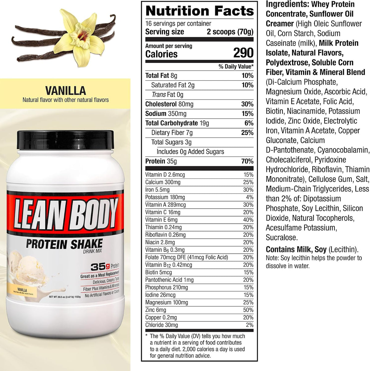 Labrada Nutrition Lean Body Hi-Protein Meal Replacement Shake, Vanilla, 2.47-Pound Tub Packaging May Vary