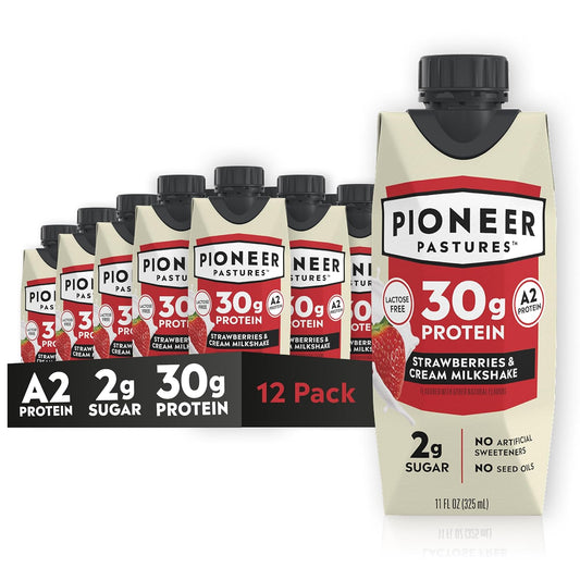 Pioneer Pastures Protein A2 Milkshakes, Strawberries & Cream, 11oz, 12 Pack